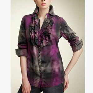 JOIE Fara Plaid Tuxedo Shirt Pink Black Taupe 3/4 Sleeve ish Flannel Button Down
